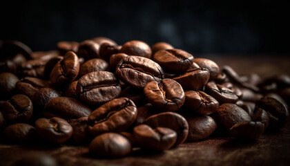 Dark coffee bean heap on rustic wood table, selective focus generated by AI