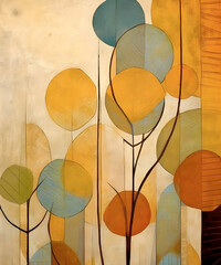 Tree leaf and sun, minimalist art, earthy tones, Bohemian, Eclectic, Organic, Free - spirited, Ethnic, Earthy, Vibrant, Natural, Folk, Tribal, Whimsical, Abstract, Geometric, Bold, Intuitive, Creati