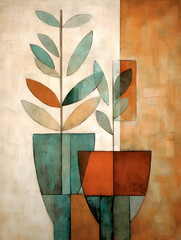 Pots and plant stem with leaves, minimalist art, earthy tones, Bohemian, Eclectic, Organic, Free - spirited, Ethnic, Earthy, Vibrant, Natural, Folk, Tribal, Whimsical, Abstract, Geometric, Bold, Intui