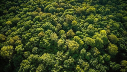 Naklejka na ściany i meble Drone captures stunning aerial view of lush green forest landscape generated by AI