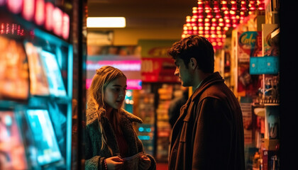 Two young adult Caucasian males smiling indoors, enjoying nightlife together generated by AI