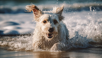 Playful terrier puppy splashing in the water, pure joy and happiness generated by AI