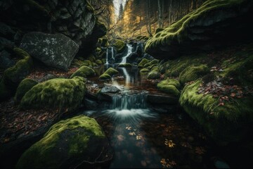 serene forest stream flowing through a verdant landscape. Generative AI