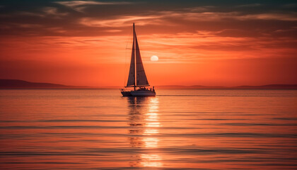 Sailing yacht glides on tranquil seascape, back lit by sunset generated by AI