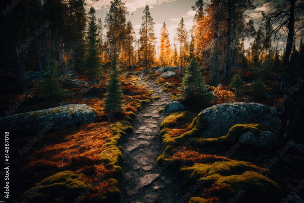 Poster serene forest path surrounded by trees and greenery. generative ai