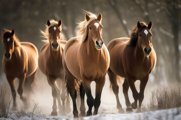 Fototapeta na wymiar Group of horses in the snow in wintertime. Motion blur. Generative AI