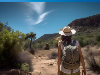 A woman hiker seen from back, walking in a beautiful landscape -- Generative AI