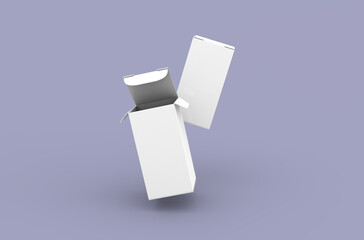 Small opened box packaging mockup for eye drops bottle advertising on clean background.