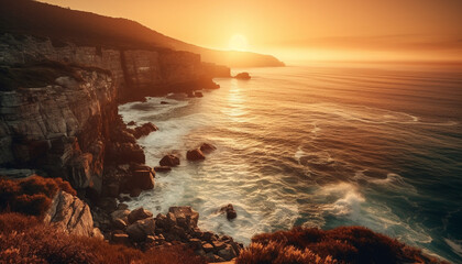 Obraz premium Tourist relaxes at waters edge, admiring majestic seascape beauty generated by AI