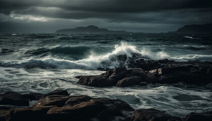Obraz premium Breaking waves crash against rocky coastline, reflecting dramatic sky above generated by AI