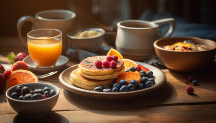 Fototapeta premium Fresh berry pancakes with homemade syrup and coffee on wood table generated by AI