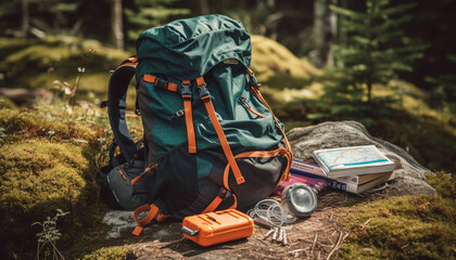 One person hiking with backpack and equipment in mountain landscape generated by AI - obrazy, fototapety, plakaty