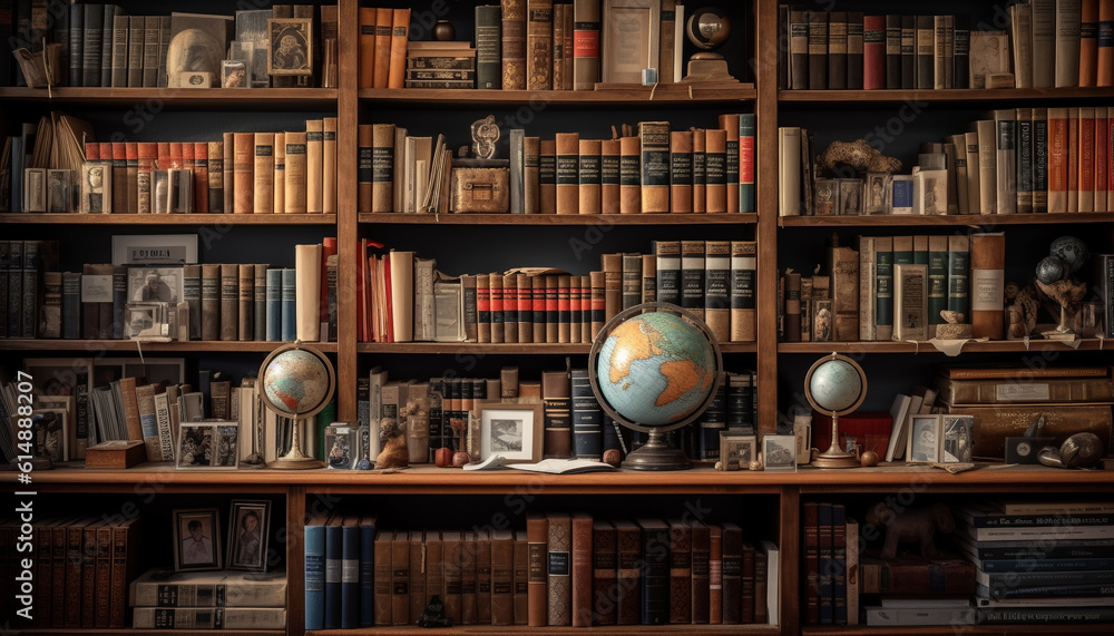 Poster antique textbooks line the old bookshelf in the library generated by ai