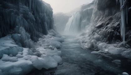 Majestic mountain range, frozen beauty in nature, flowing water generated by AI