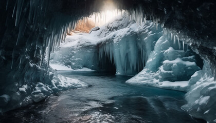 Frozen icicles hang from majestic cliff in tranquil winter landscape generated by AI