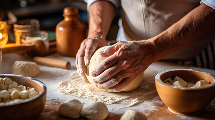 Close up de um par de mão amaciando uma massa de pão na cozinha