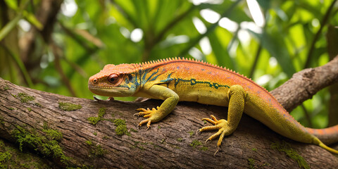 Fototapeta premium Tropical lizard in jungle on a sunny day. Rainforest illustration with bright colorful reptile among exotic plants with big leaves. Background with pristine nature landscape. Generative AI