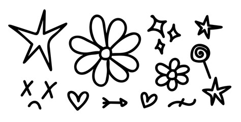 Doodle, scribble element set. Cartoon eye, apple, coffee cup, heart, arrow, star and flower in hand drawn groovy style. Outline tattoo or clothes print sketch (Full Vector)