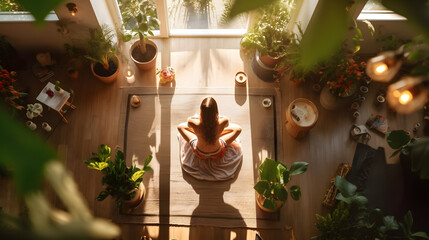 Vista de cima de uma mulher praticando yoga em um estúdio iluminado pelo sol - obrazy, fototapety, plakaty