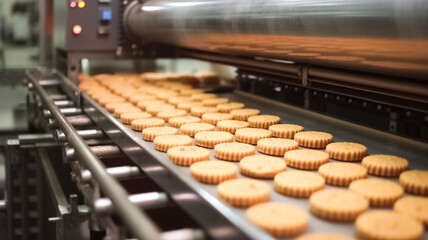 Production line of baking cookies. Biscuits on conveyor belt in confectionery factory. Production line at the bakery. Food Industry. - obrazy, fototapety, plakaty