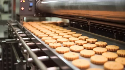 Foto auf Acrylglas Brot Production line of baking cookies. Biscuits on conveyor belt in confectionery factory. Production line at the bakery. Food Industry.