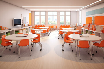 Collaborative and flexible school classroom with movable furniture and group work areas. Generative AI - obrazy, fototapety, plakaty