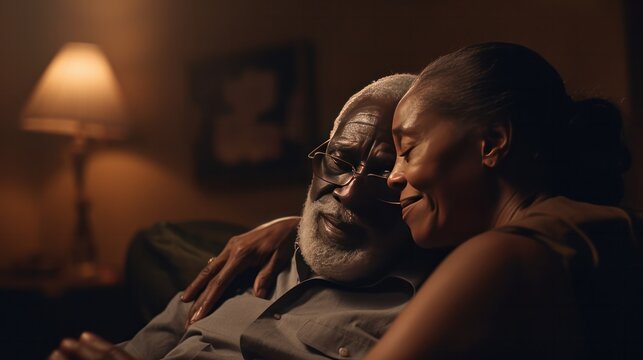 AI Generated Pirtrait Of Senior Black Couple Hugs Lovingly In A Portrait At Home During A Quiet Evening,