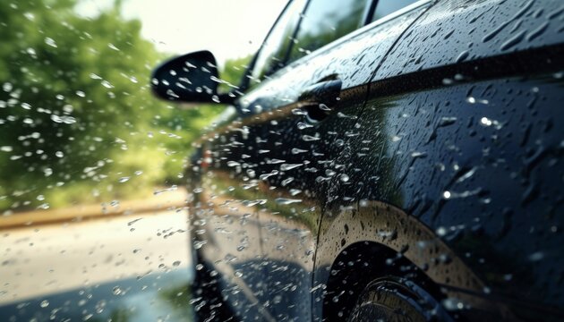 water droplets flying off a car's exterior during a power rinse