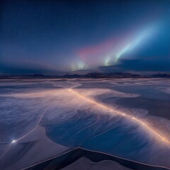 sunrise over salt desert with northern lights
