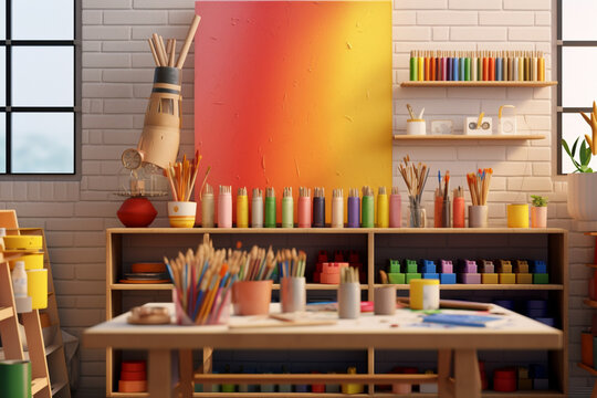 Creative and arts-focused school classroom with art supplies and inspiration boards. Generative AI