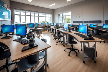 Fototapeta na wymiar Inclusive and accessible school classroom with adjustable desks and assistive technology for students with diverse needs. Generative AI