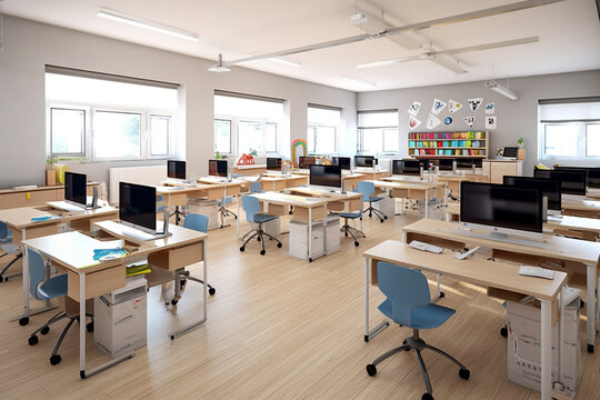 Inclusive and accessible school classroom with adjustable desks and assistive technology for students with diverse needs. Generative AI