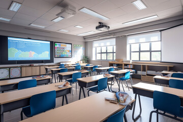 Modern and technology-equipped school classroom with smart boards and tablets. Generative AI