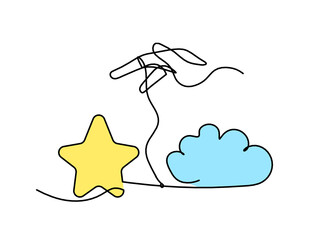 Abstract color star wth hand as line drawing on white