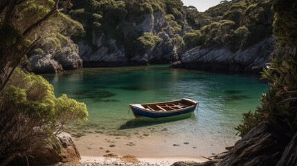 Fototapeta na wymiar A hidden cove with a small boat gently rocking on the calm water
