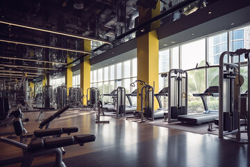 Vibrant gym atmosphere with state-of-the-art exercise machines and equipment. Generative AI