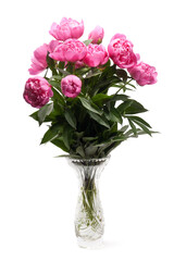 Bouquet of peonies flowers in crystal vase isolated on white