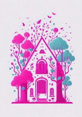 Fairy tale pink house minimal  art Abstract and surreal art. Generative AI
