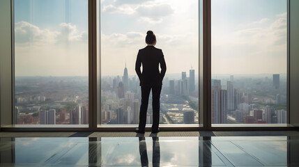 Fototapeta na wymiar Mulher de negócios em pé em frente uma janela grande em um arranha céu