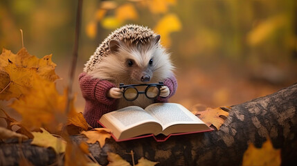 hedgehog reading a book with glasses in autumn.
