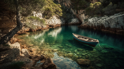 Fototapeta na wymiar A hidden cove with a small boat gently rocking on the calm water