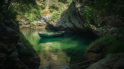 A hidden cove with a small boat gently rocking on the calm water