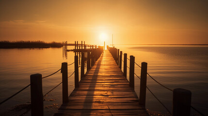 An pier stretching into the horizon, illuminated by golden sunlight