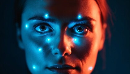 Serious young adult staring at camera, illuminated by glowing blue generated by AI