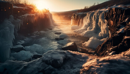 Majestic mountain cliff, frozen in time, beauty in nature generated by AI