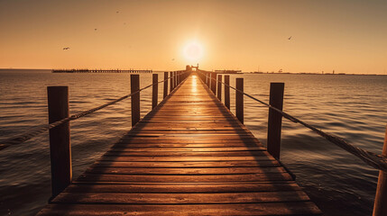 An pier stretching into the horizon, illuminated by golden sunlight