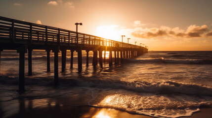 Fototapeta premium An pier stretching into the horizon, illuminated by golden sunlight