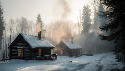 The old hut chimney smoked in the snowy forest night generated by AI