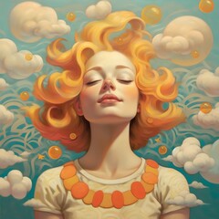 Portrait of a red head girl with a blue sky illustration