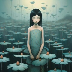 Abstract illustration. A sad girl, surrounded by daisies